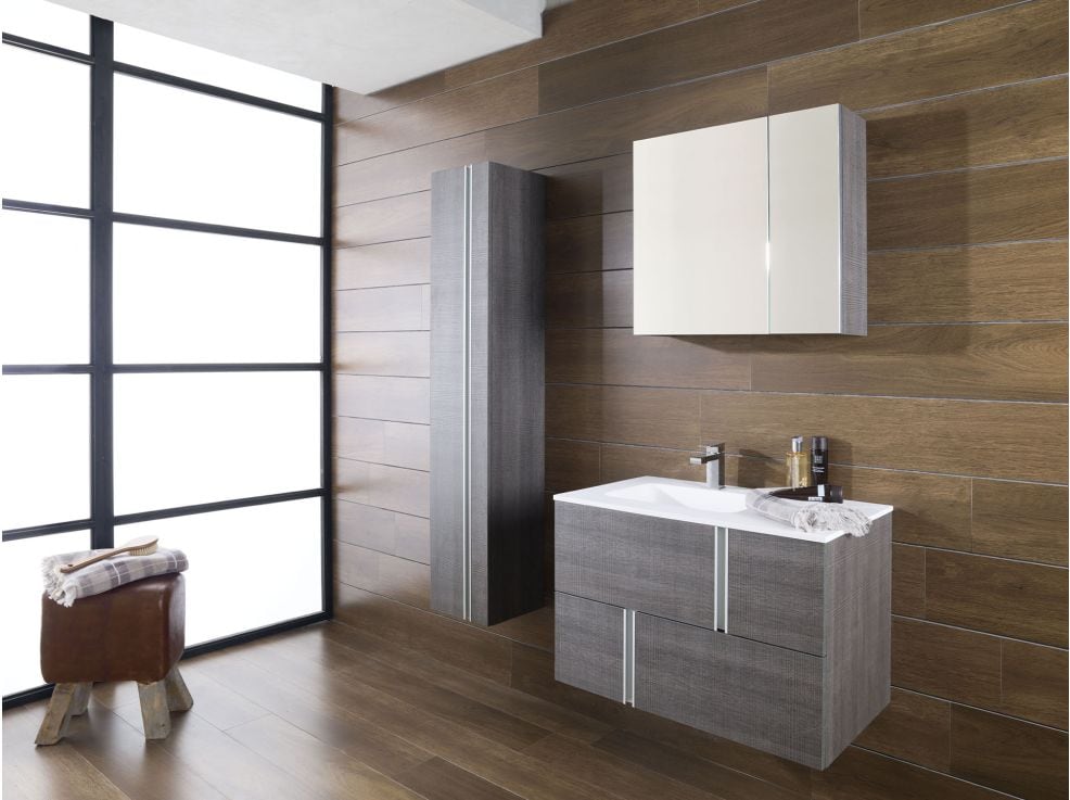 Porcelanosa 31'' Floating Vanity Fume with Krion White Sink and Mirror 25'' x 23'' Cabinet Fume 11'' x 64'' (PLEASE CALL US FOR SPECIAL PRICING)